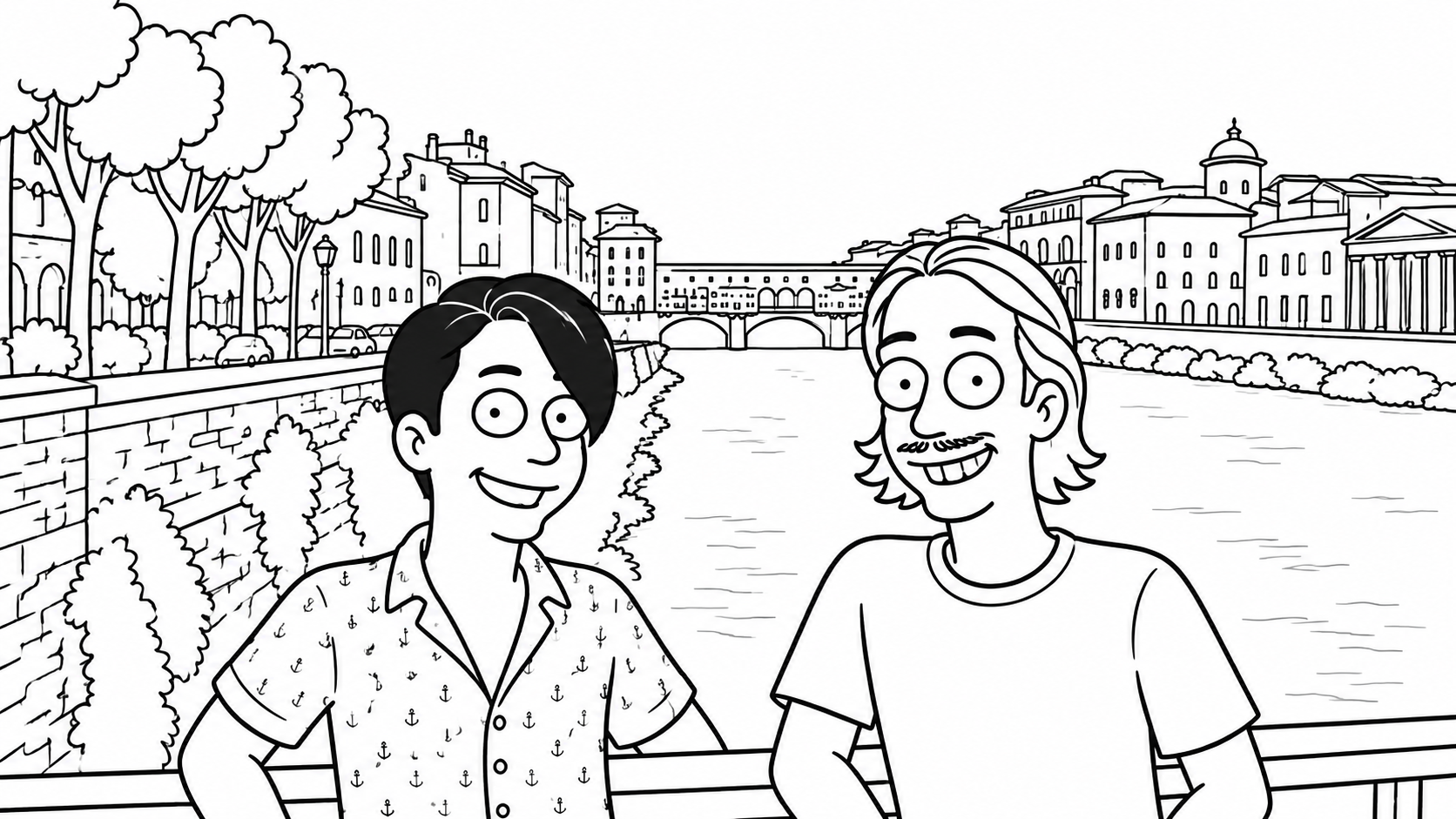 The same two men redrawn as an uncolored sitcom cartoon