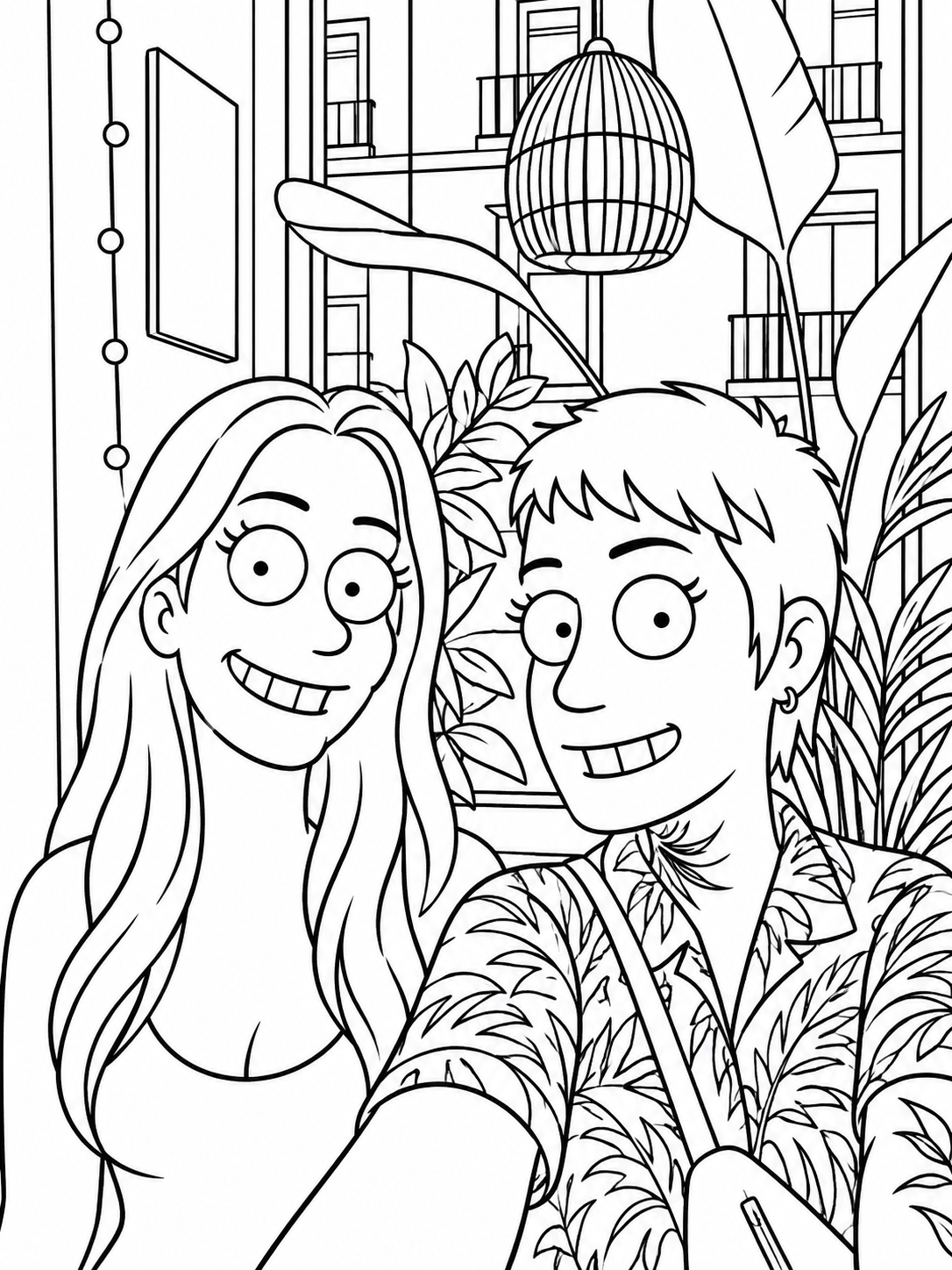 The café photo redrawn with black cartoon outlines and white coloring areas