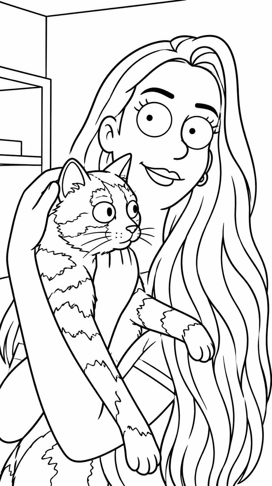 The cat redrawn as an uncolored cartoon coloring page
