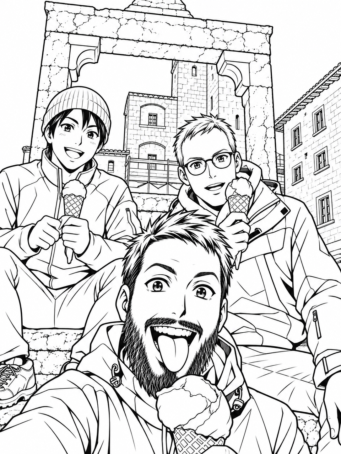Anime coloring page sample of three friends with ice cream