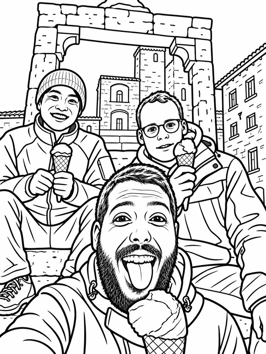 Cozy Coloring coloring page sample of three friends with ice cream