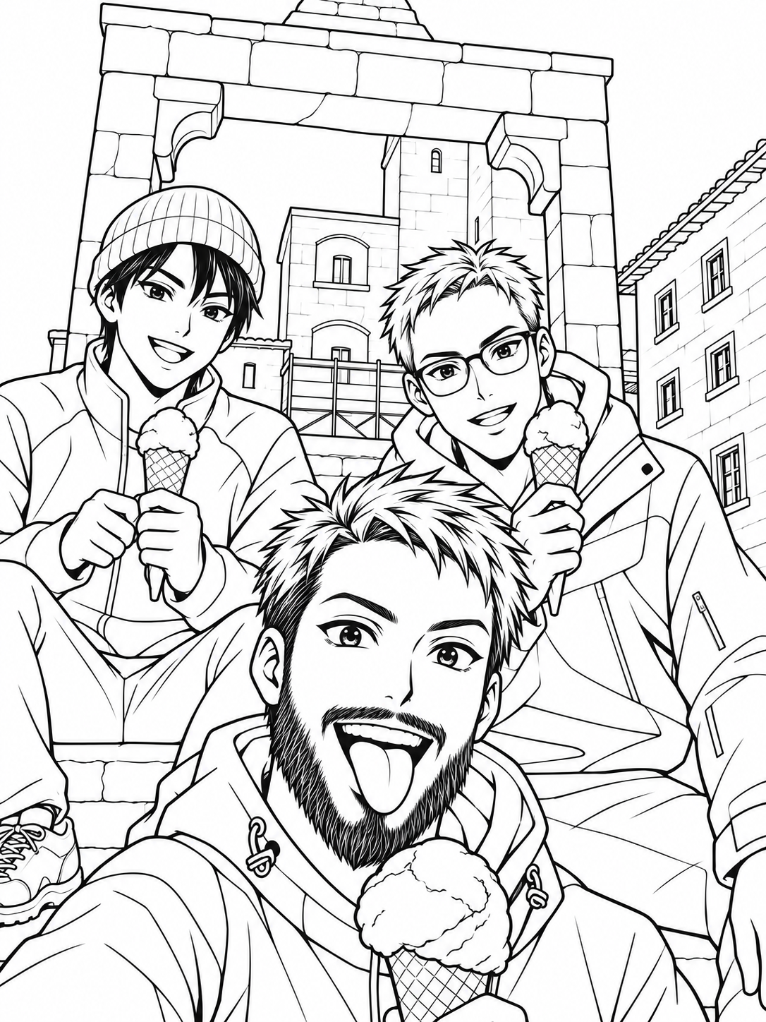 Three friends with ice cream redrawn in Pop Anime Style