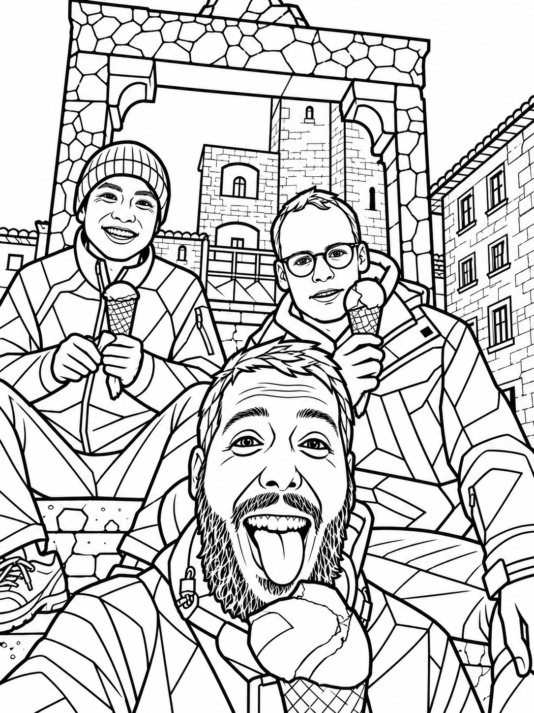 Paper Cut Illustration coloring page sample of three friends with ice cream