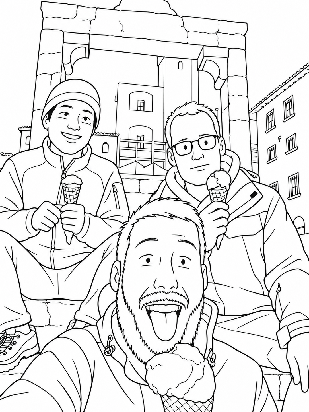 American Sitcom Cartoon 2 coloring page sample of three friends with ice cream